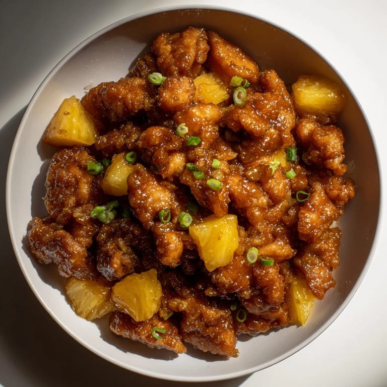 Warm flavors of Brown Sugar Pineapple Chicken simmering, served with fresh green onion garnish, ready to eat.
