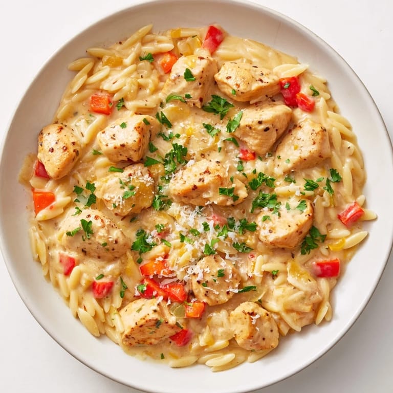 Close-up of golden-brown chicken pieces in a rich one-pot Cajun Chicken Alfredo Orzo, ready to be enjoyed.