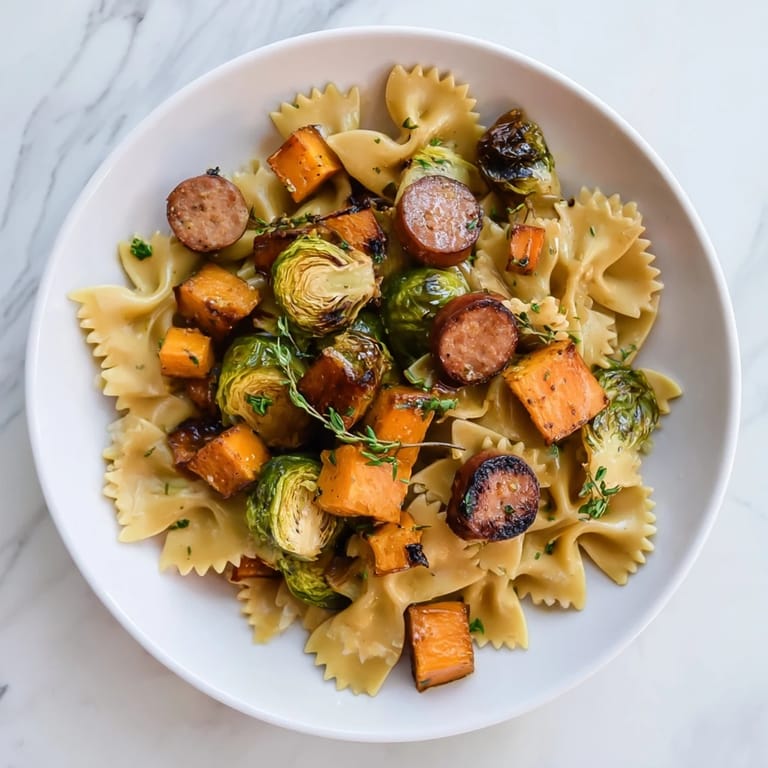 Golden butternut squash chunks and bow tie pasta blend in this Autumn Sausage Pasta Squash.