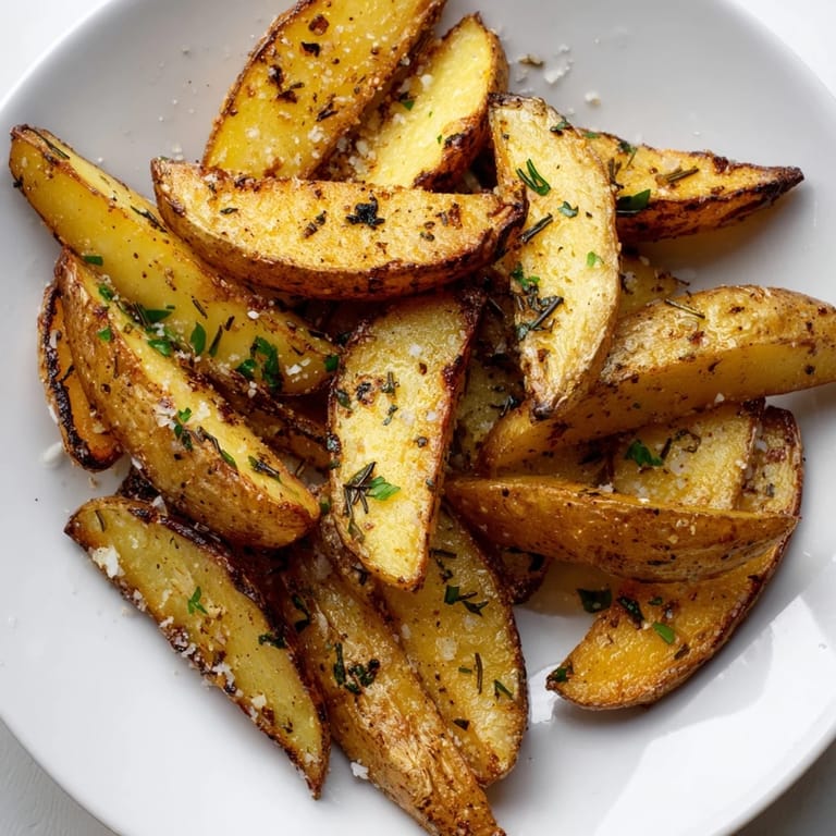 Close-up of golden-brown Quick Rosemary Roast Potato Wedges, glistening from olive oil, ready for a delicious bite.