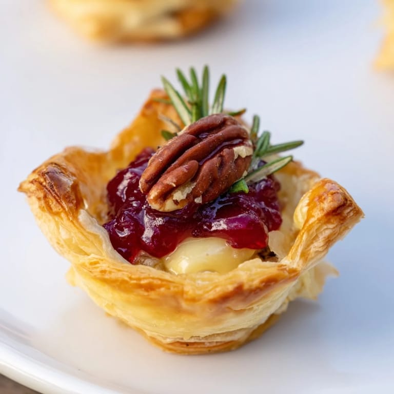 Warm and gooey Express Cranberry Sauce Brie Bites topped with herbs, a delicious appetizer for any gathering.