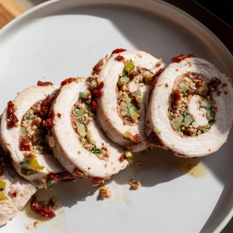 Close-up shot of baked Marry Me Chicken and Stuffing Roulades served with rich, creamy sauce and fresh parsley.