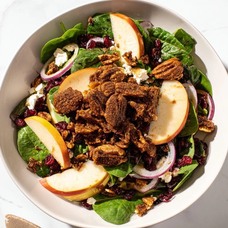 Close-up of a festive Gingerbread Spiced Candied Pecan Salad, topped with goat cheese and maple vinaigrette.