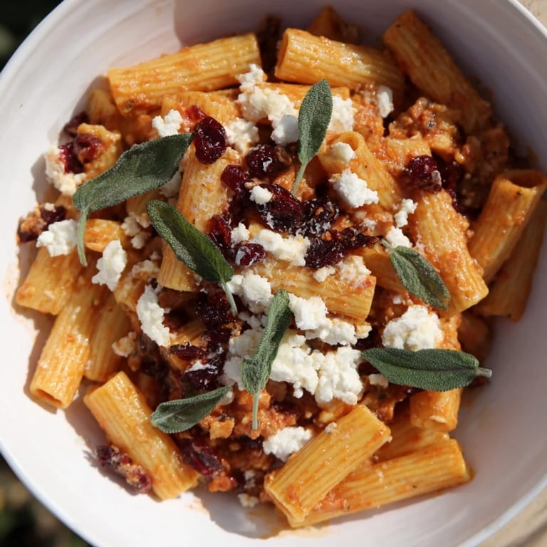 A close-up of a warm Cranberry-Sage Feta Pasta Bake, full of flavorful ingredients and melted cheese.