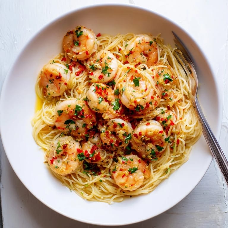Golden-brown shrimp nestle in One-Skillet Lemon Garlic Shrimp Angel Hair Pasta, ready to be enjoyed.