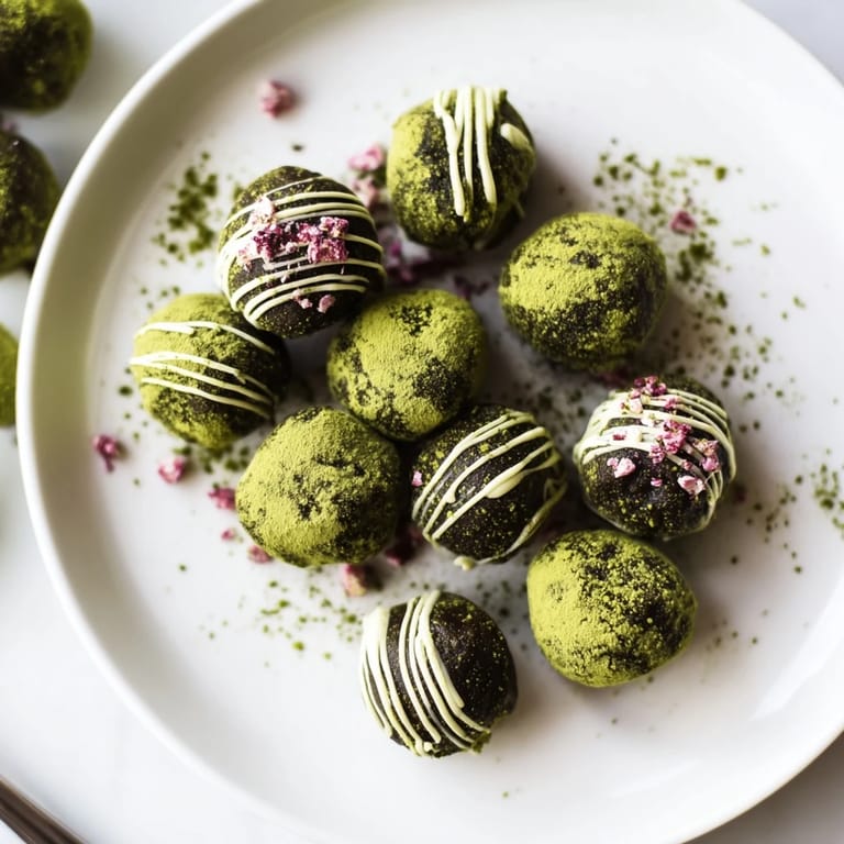 Close-up of decadent Matcha Dark Chocolate Peppermint Truffles, showcasing creamy interiors and peppermint sprinkles.