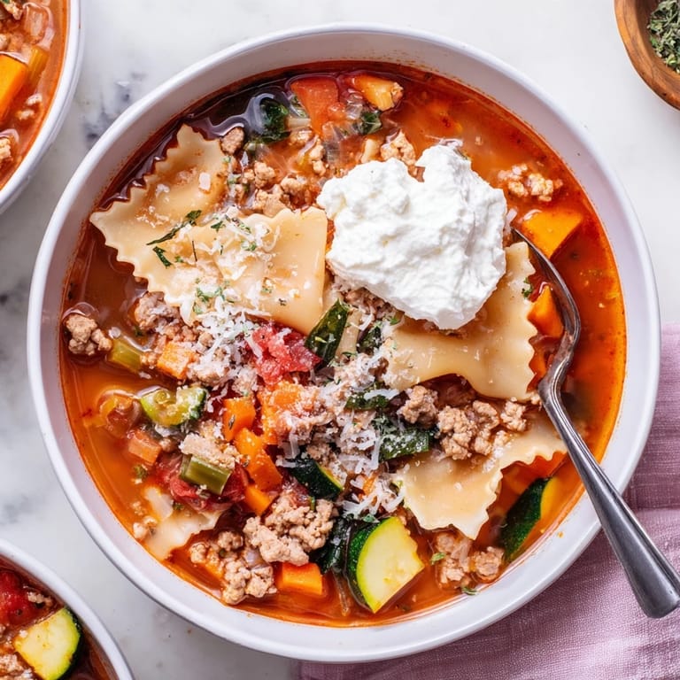 A close-up of a bowl of Healthy Lasagna Soup showcasing the vibrant colors and aromas of Italian flavors.