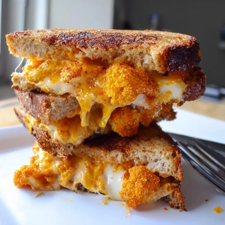 Crispy sourdough bread sandwiching a delicious Buffalo Cauliflower Ranch Grilled Cheese, ready to be enjoyed.