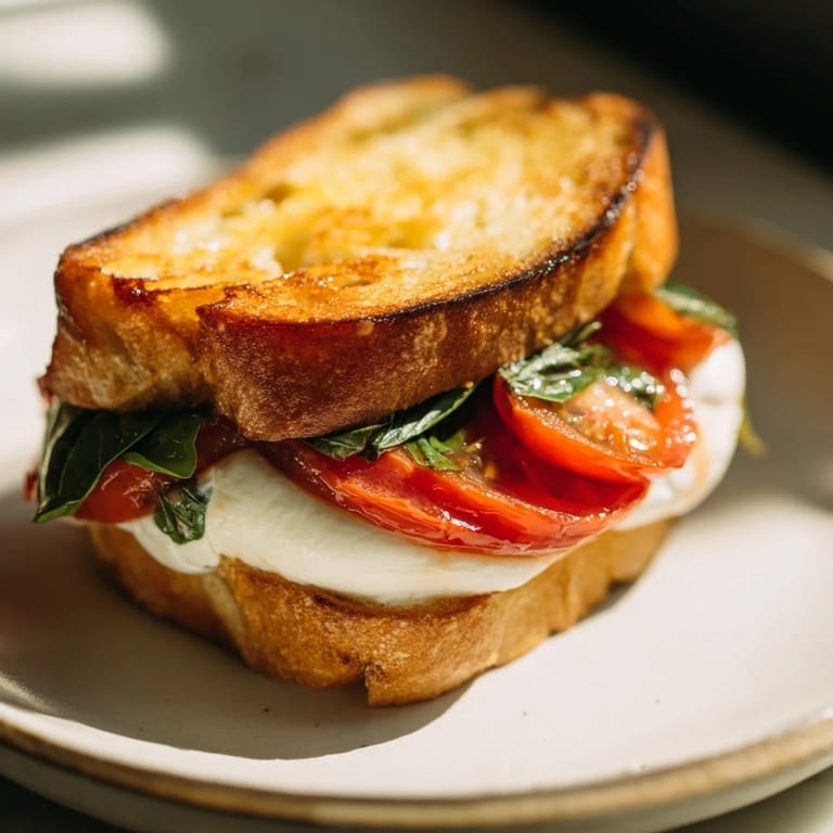 Buttery sourdough enveloping a gooey Tomato Basil Burrata Stuffed Grilled Cheese, ready to eat and enjoy.
