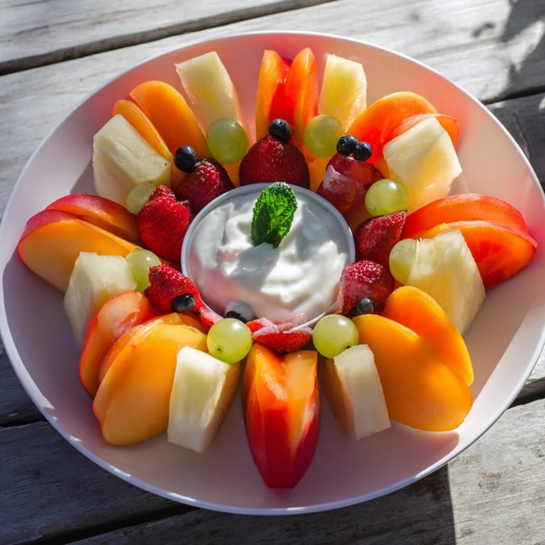 Vibrant Beach Ball Fruit Platter with juicy strawberries, pineapple, and blueberries ready to enjoy.