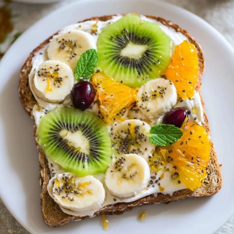 Vibrant Morning Sun Breakfast Toast: creamy base topped with sliced fruit and crunchy seeds, ready to eat.