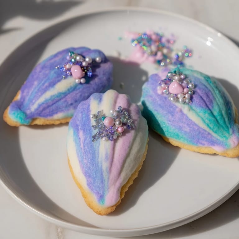 Close-up of elegantly decorated Mignardises Queue de Sirène: white chocolate dipped, mermaid-tail themed, petite treats.
