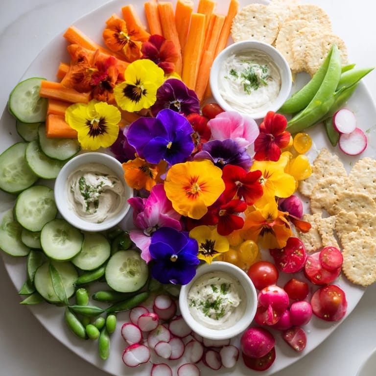This Fairy Garden Platter offers a colorful display of edible flowers and crunchy vegetables, ready to enjoy.