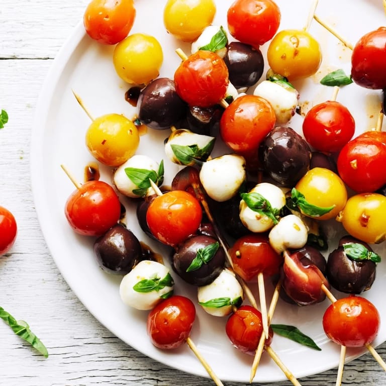 Threaded olives, tomatoes, and mozzarella compose these festive Christmas Lights Olive and Tomato Skewers.