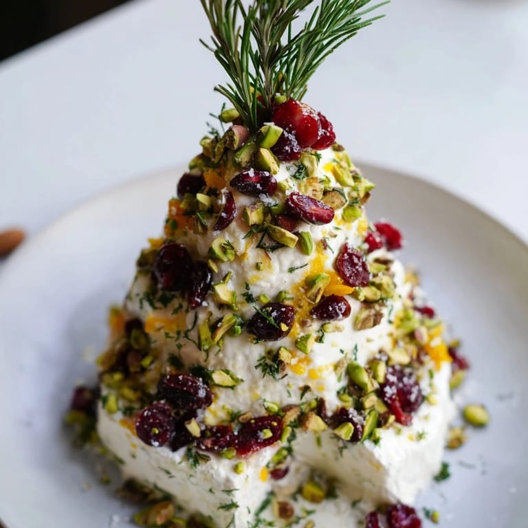 Creamy Rosemary Cranberry Christmas Tree appetizer, a delicious mix of cheese and sweet-tart flavors, decorated festively.