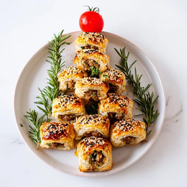 Warm, crispy mini sausage rolls shaped like a Christmas tree, ready for dipping and enjoying.