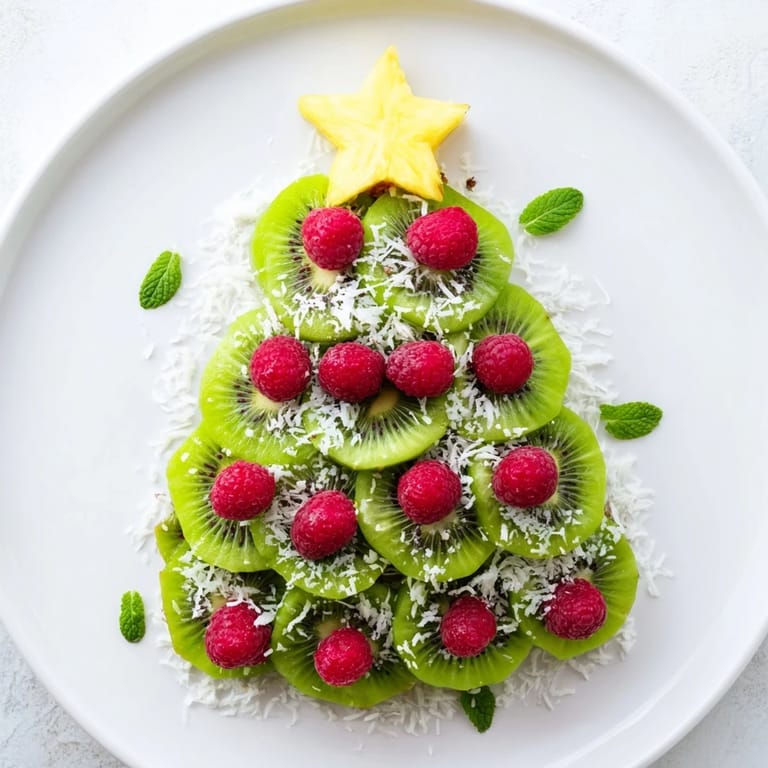 Vibrant arrangement: Sliced kiwi and juicy raspberries form a delicious Christmas tree fruit plate.