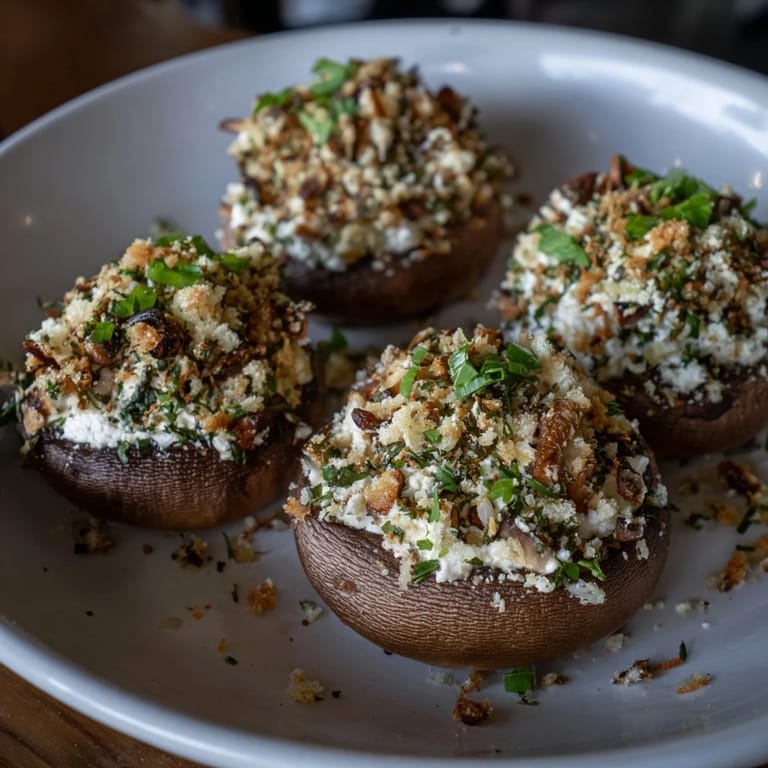 Close-up of golden Stuffed Mushroom Caps with a creamy filling, perfect for your next party.