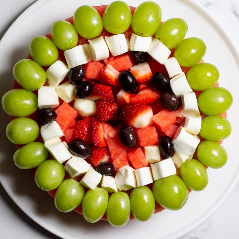 A platter of Summer Watermelon Slice: juicy watermelon with a creamy cheese layer and green olive rind.