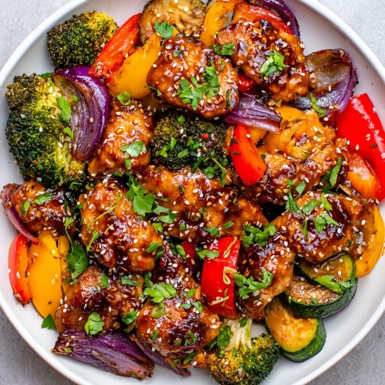 A close-up view of Spicy Honey-Garlic Chicken Sheet Pan, smelling of garlic and spices, ready to eat.