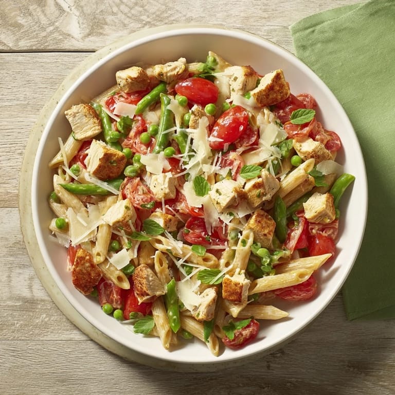 A close-up view of the savory Last Bite Chicken Pasta, perfect for using up pantry staples.