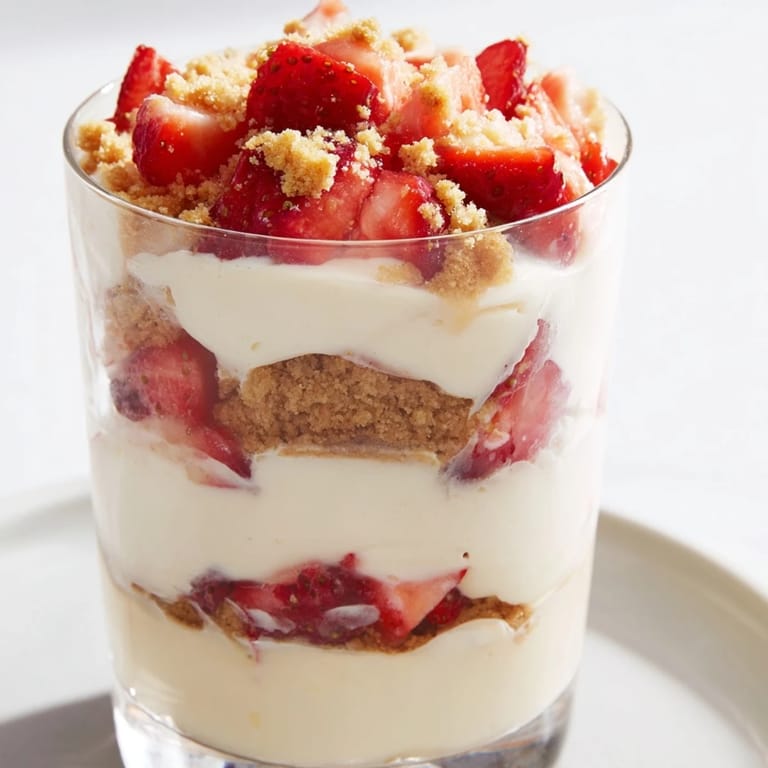 Enjoy the beautiful layers of this homemade Strawberry Cheesecake Parfait, perfect for a quick, elegant dessert idea.
