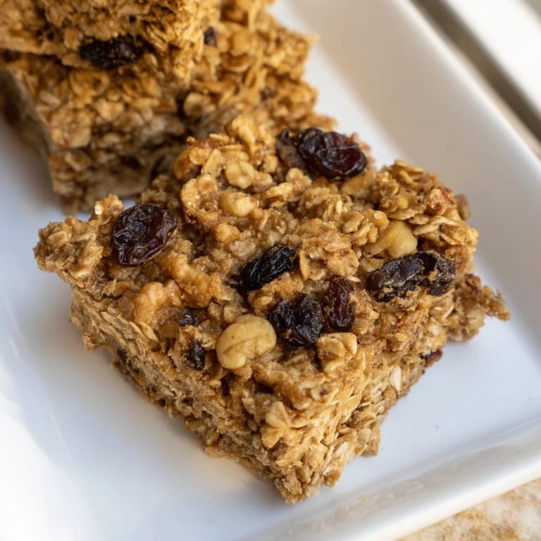 Delicious close-up of baked maple cinnamon oatmeal bars, showing the yummy texture and toppings.