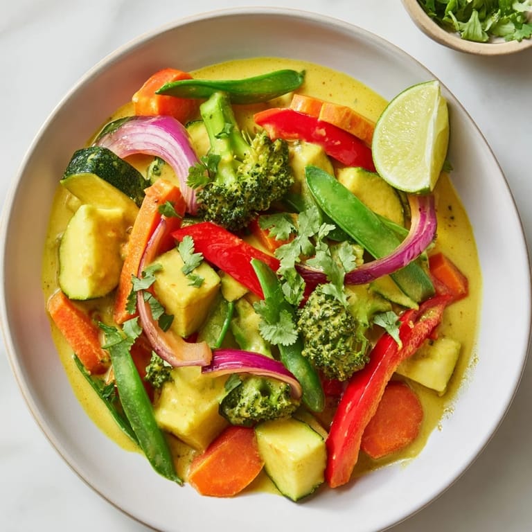 A bowl of fragrant coconut curry vegetables, ready to serve with fluffy rice for a delicious meal.