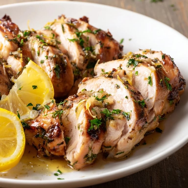 Juicy Greek Lemon Herb Chicken alongside fresh lemon wedges, offering a bright and zesty flavor.