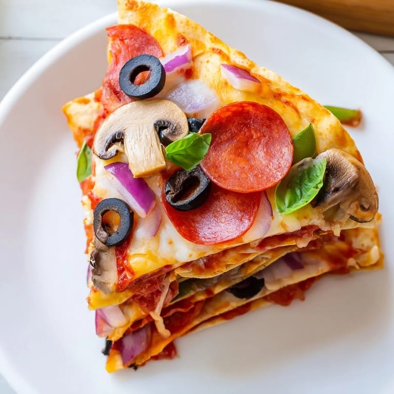 A close-up of a folded tortilla pizza wrap, filled with melted cheese and fresh basil.
