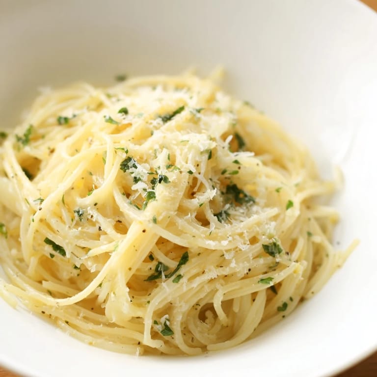A bowl of hot Lemon Capellini, perfectly coated in sauce and garnished with fresh green herbs.