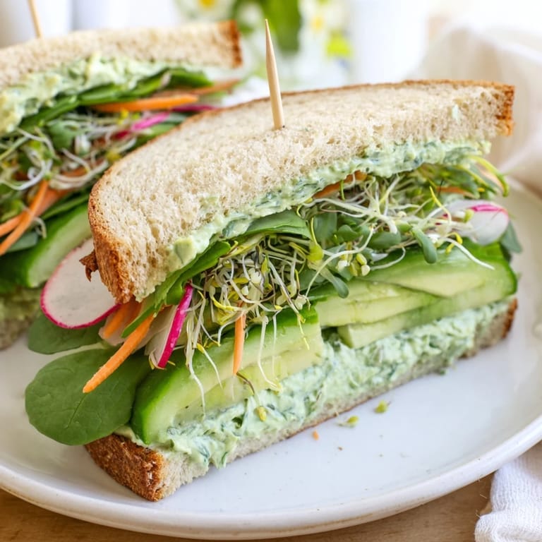 Delicious, mouthwatering view: A halved Green Goddess Sandwich revealing layers of healthy, colorful fillings.