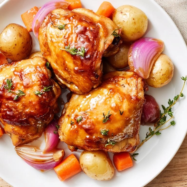 Tender Maple Dijon Chicken Thighs, glazed and ready to eat, served with herb-roasted potatoes and carrots.