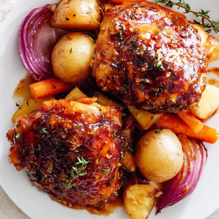 Sheet pan showcasing glistening, caramelized Maple Dijon Chicken Thighs alongside colorful roasted vegetables.