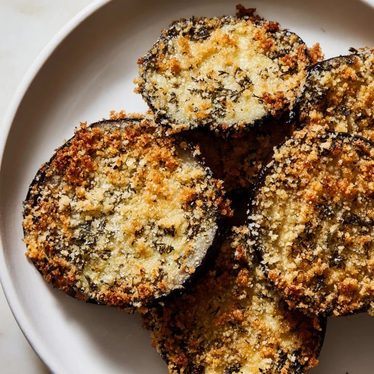Close-up of golden-brown Eggplant Parmesan Chips, perfectly seasoned and offering a satisfying crunch.