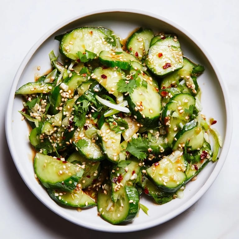 A close-up view of the quick and easy Zesty Shake Cucumber Salad, a refreshing vegan side dish.