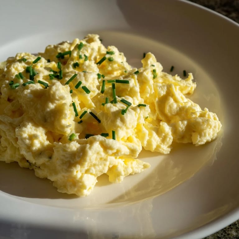 Golden, soft Cottage Cheese Scrambled Eggs, perfect for a quick, nutritious brunch.