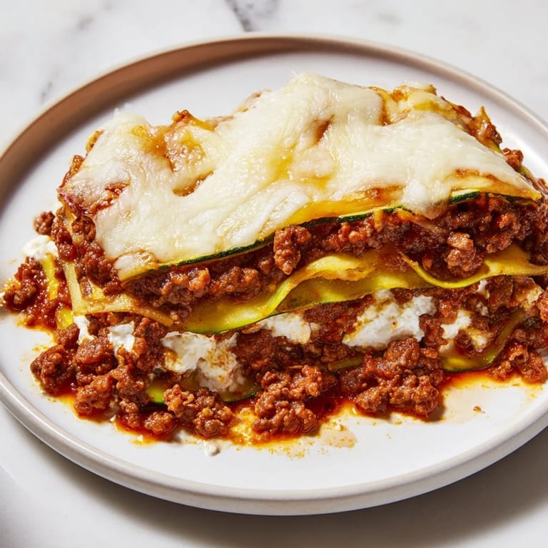 A flavorful Zucchini Lasagna Skillet with tender zucchini ribbons and a hearty, rich meat sauce.