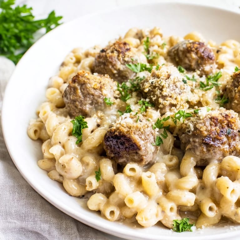 Close-up of a bubbling Mac & Cheese Meatball Bake, a hearty American comfort food, perfect for family dinners.