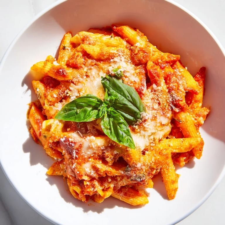 A close-up of cheesy, baked Penne Arrabbiata, garnished with fresh basil, steaming hot from the oven.