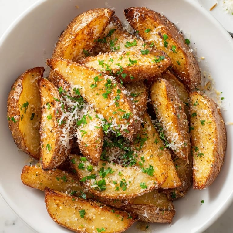 A close-up of Rosemary Parmesan Potato Wedges sprinkled with Parmesan, perfect for a side.