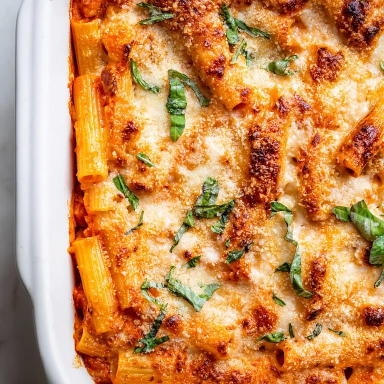 Steaming hot Four Cheese Baked Pasta, the cheese mixture bubbling, showcasing the rich, savory flavors.