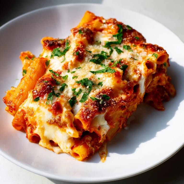 Delicious Cheesy Baked Ziti with melted mozzarella, perfect for a family-style Italian feast tonight.
