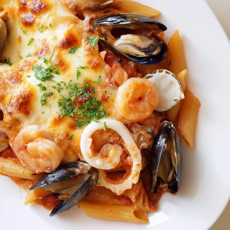 A cheesy, bubbling Seafood Pasta Bake, showcasing a rich tomato sauce and perfectly cooked seafood.