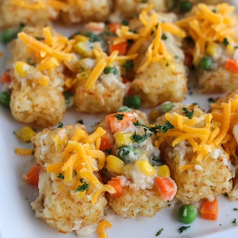 A close-up of the fully baked Crispy Tater Tot Casserole, showcasing the browned tater tots and melted cheese.