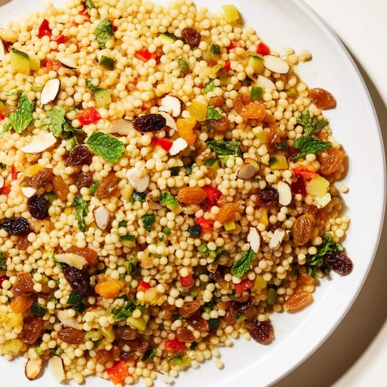 Fluffy couscous salad features golden roasted vegetables mixed with fresh herbs and zesty dressing.