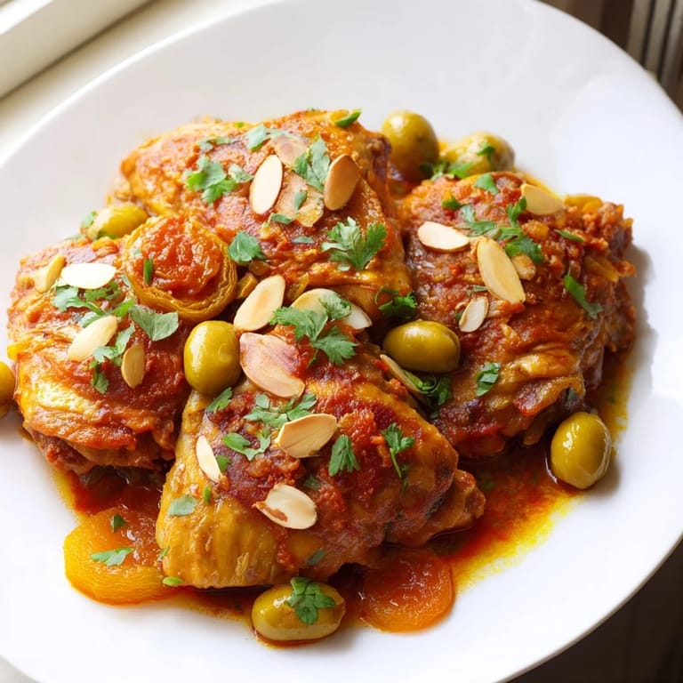 A steaming bowl of flavorful Moroccan Tagine Chicken is garnished with fresh herbs and almonds.