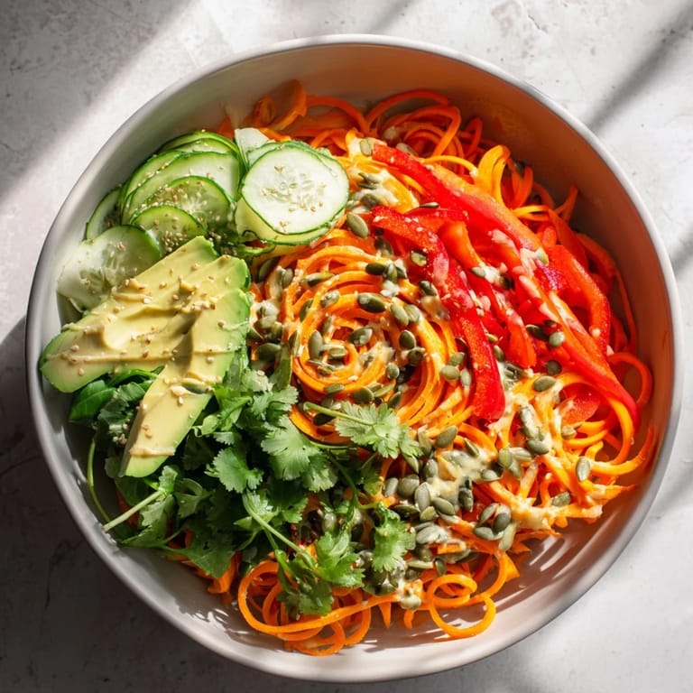 Colorful Carrot Noodle Skincare Bowl in a white dish, topped with spinach, red bell pepper, cucumber, avocado, and sesame seeds.