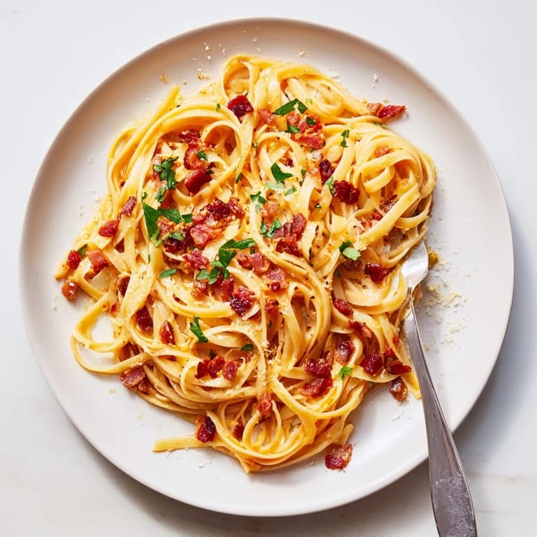 Sizzling skillet of bacon and garlic linguine, tossed in a silky sauce with fresh herbs.