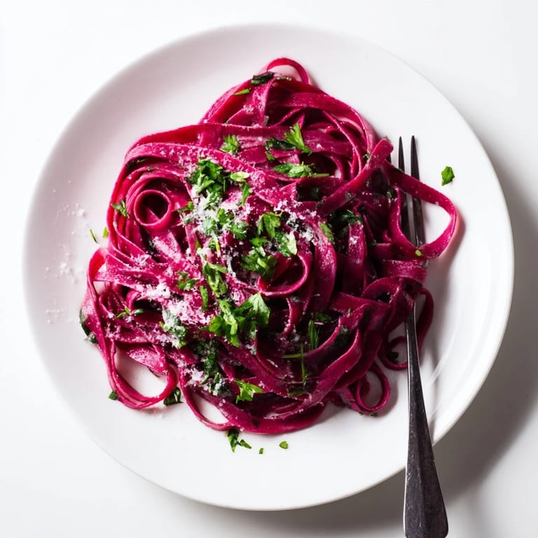 Tender homemade beet pasta with an earthy sweetness, perfect for a vegetarian meal topped with cheese and herbs.